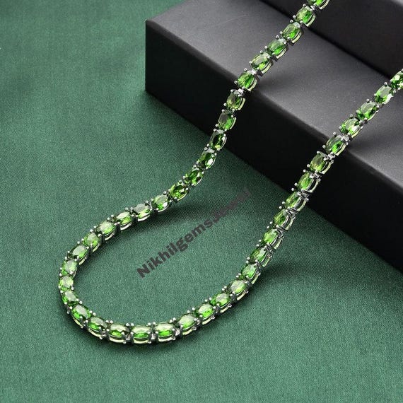 Sterling Silver Chrome Diopside Tennis Necklace: Minimalist Gemstone Jewelry