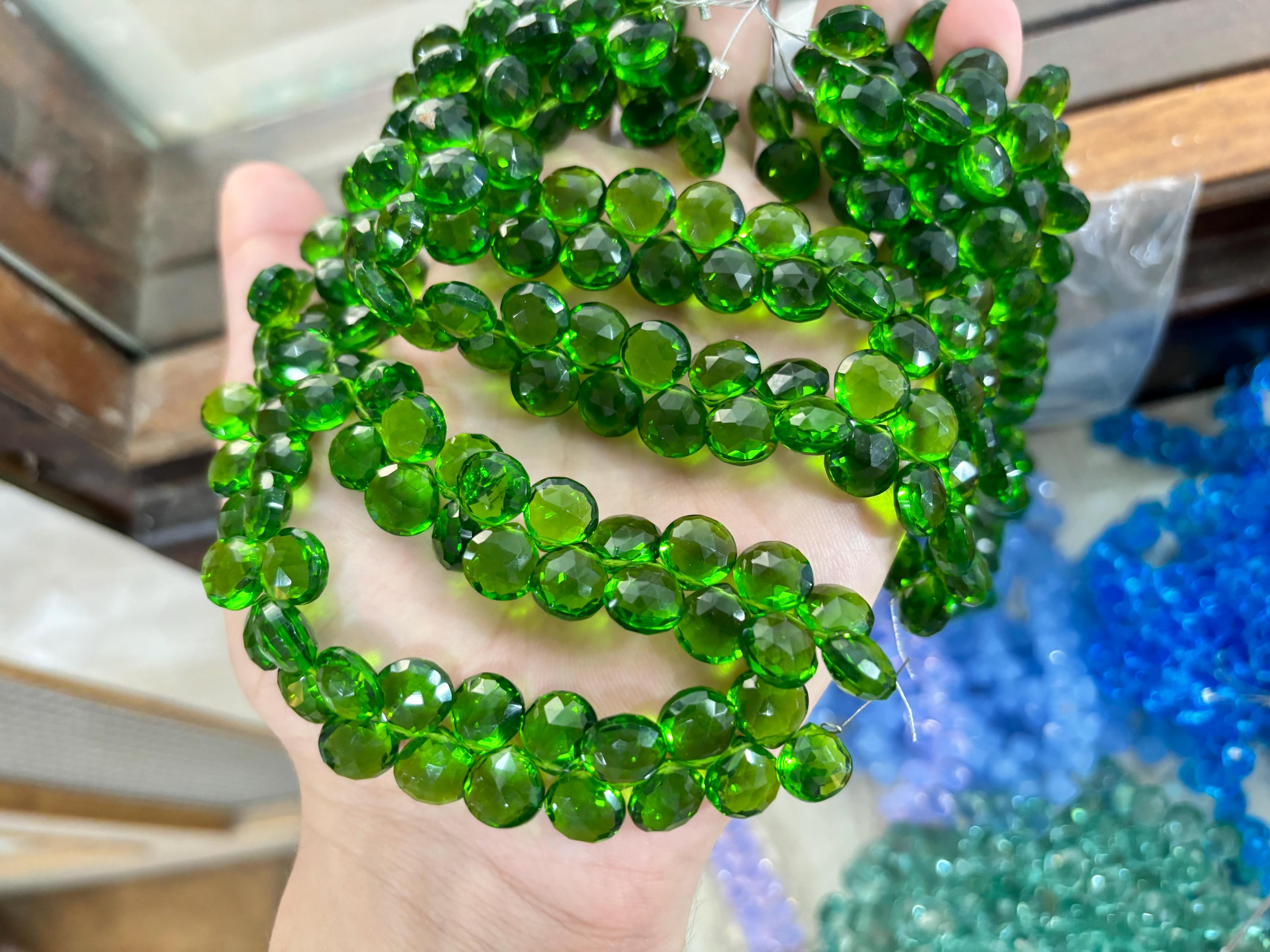 Chrome Diopside Green Hydro Quartz Faceted Heart Briolettes - 7 Inch Strand