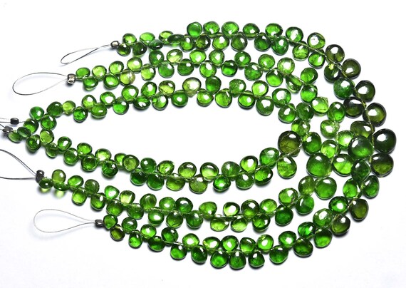 Chrome Diopside Heart Beads - 7 Inches - Natural Super Quality Chrome Diopside Smooth Heart Briolettes - Size Is 4-7mm #512