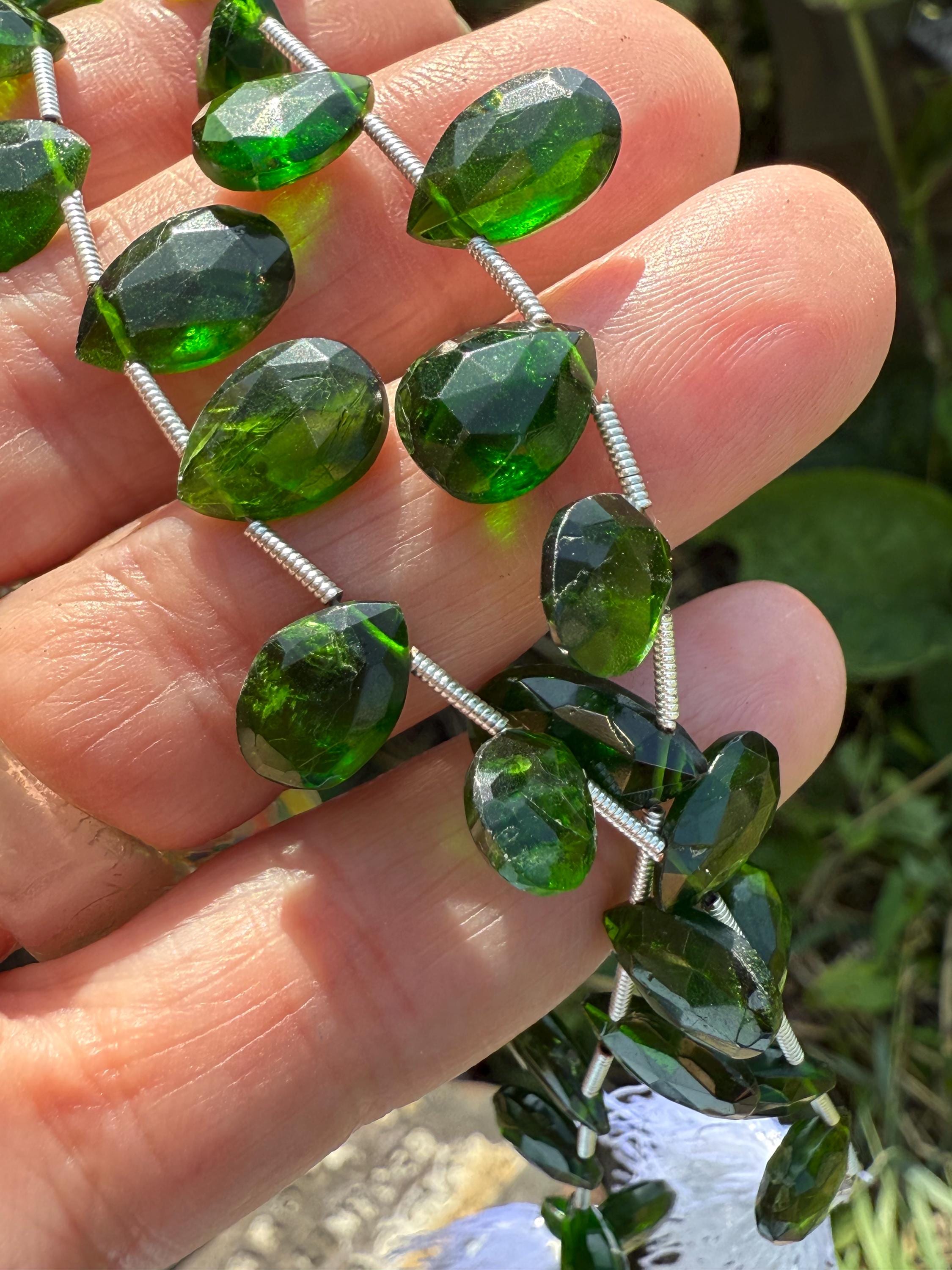 Chrome Diopside Russian Diopside Bright Green Handcut Faceted Pear Briolette Drilled Beads