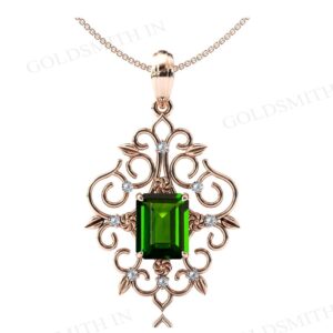 Antique Filigree Design Pendant Art Deco Emerald Shaped Chrome Diopside Pendant Green Gemstone Wedding Necklace 925 Silver Bridal Pendant