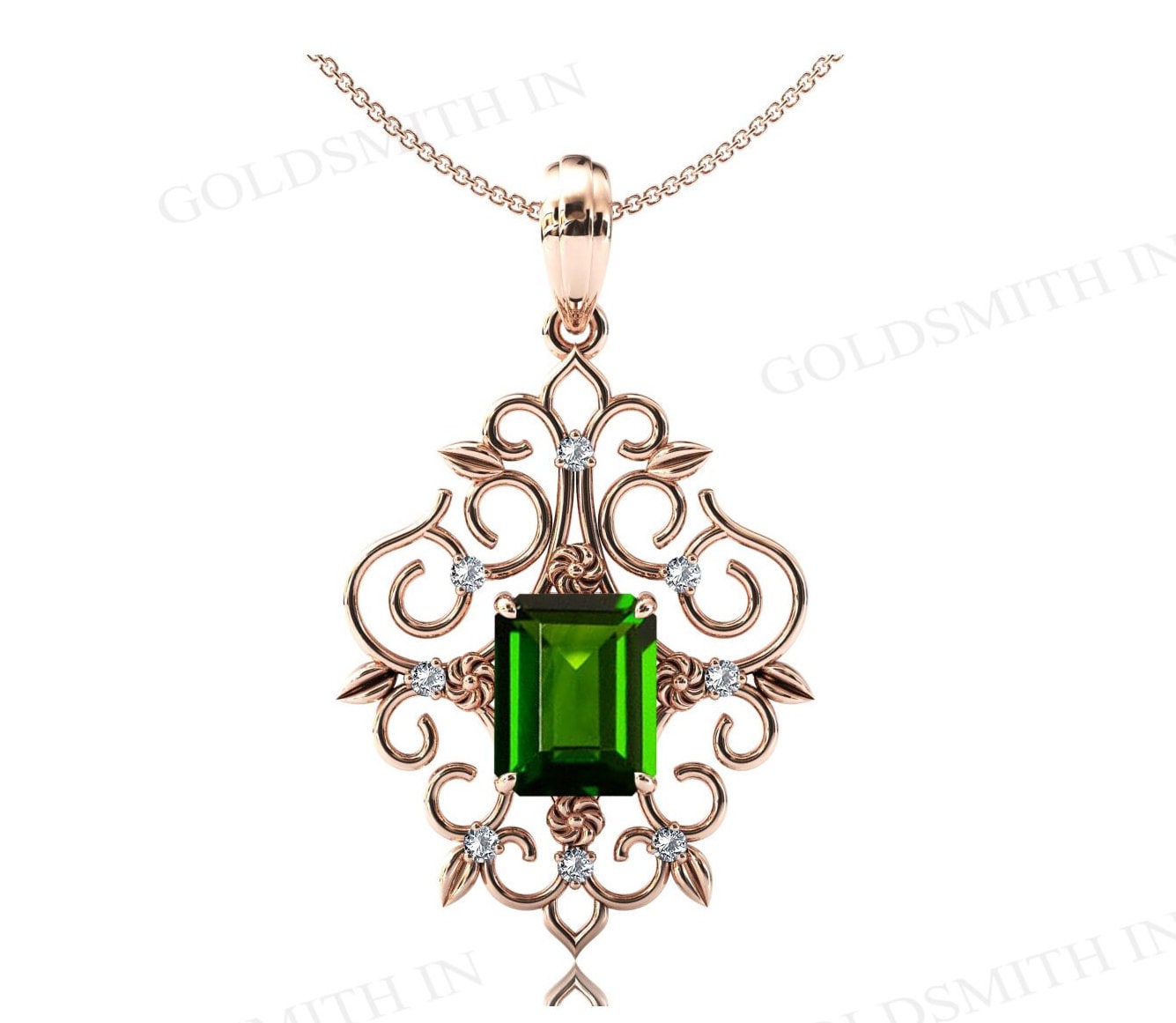 Antique Filigree Design Pendant Art Deco Emerald Shaped Chrome Diopside Pendant Green Gemstone Wedding Necklace 925 Silver Bridal Pendant