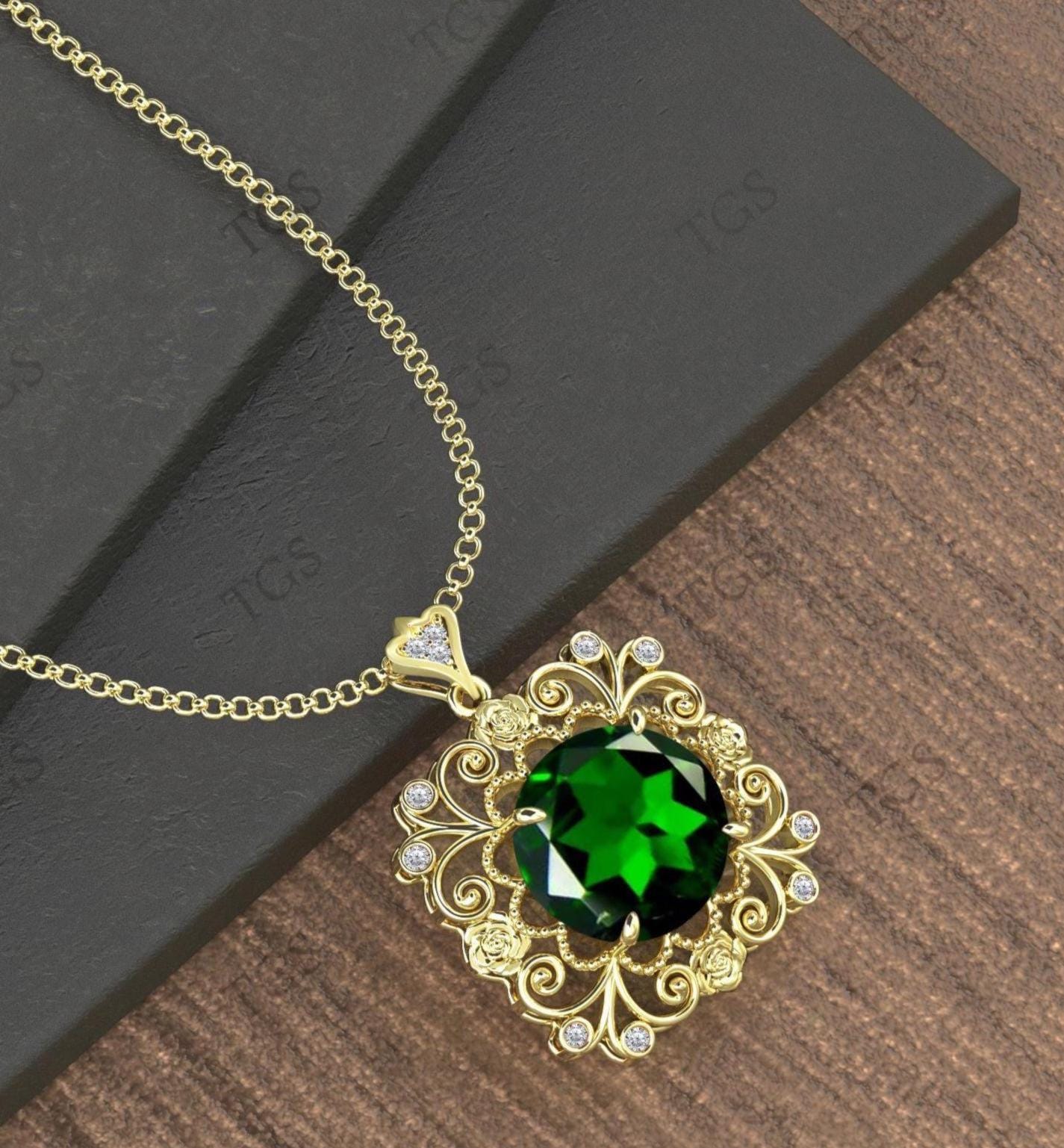 Art Deco Chrome Diopside Pendant For Her Unique Filigree Design Statement Pendant Antique Floral Necklace 925 Sterling Silver Bridal Pendant