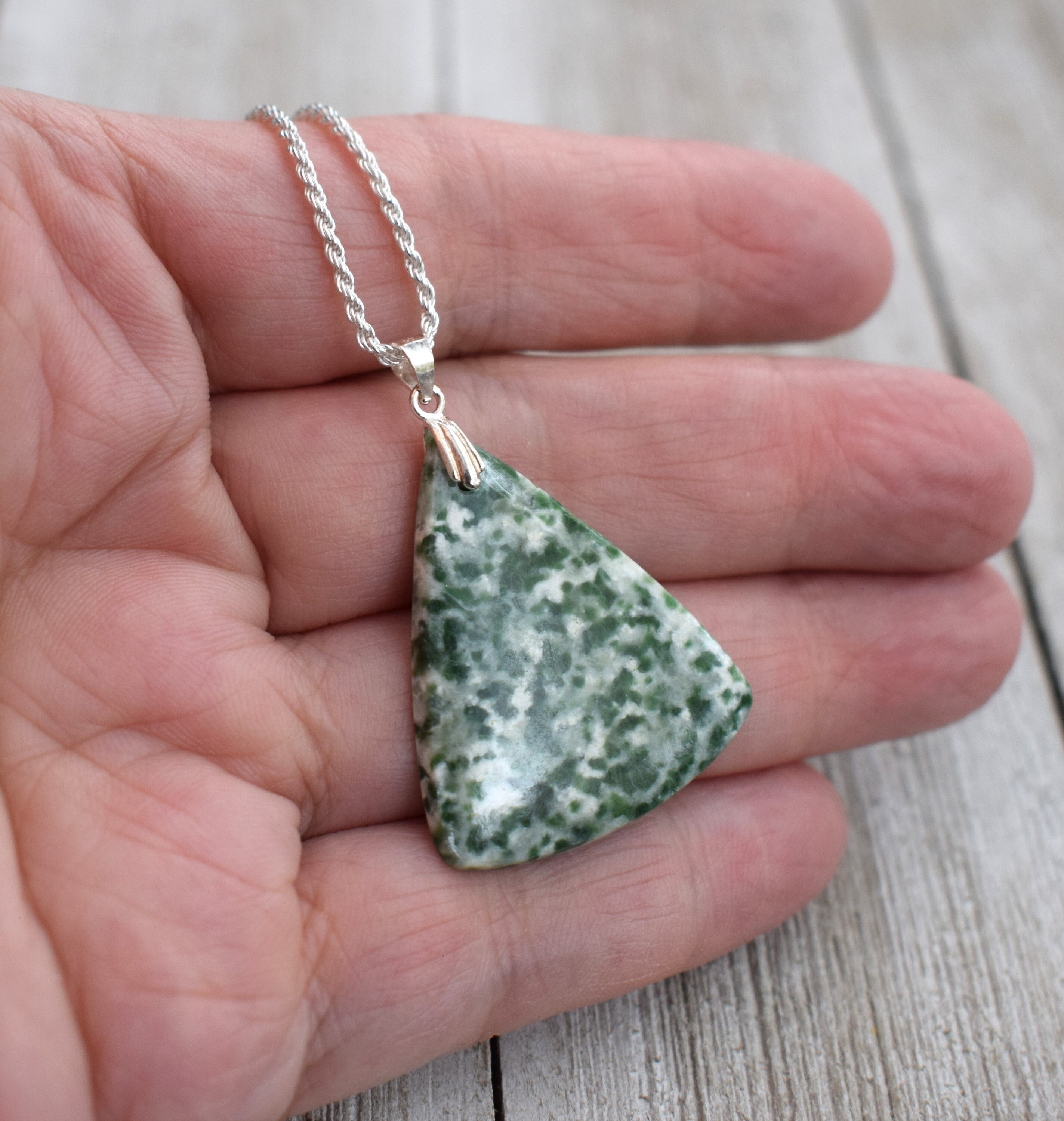 Chrome Diopside With Zosite Pendant -  Irregular Trillion - Hand Polished Semi Precious Stone - Sterling Silver - Choice Of Chain