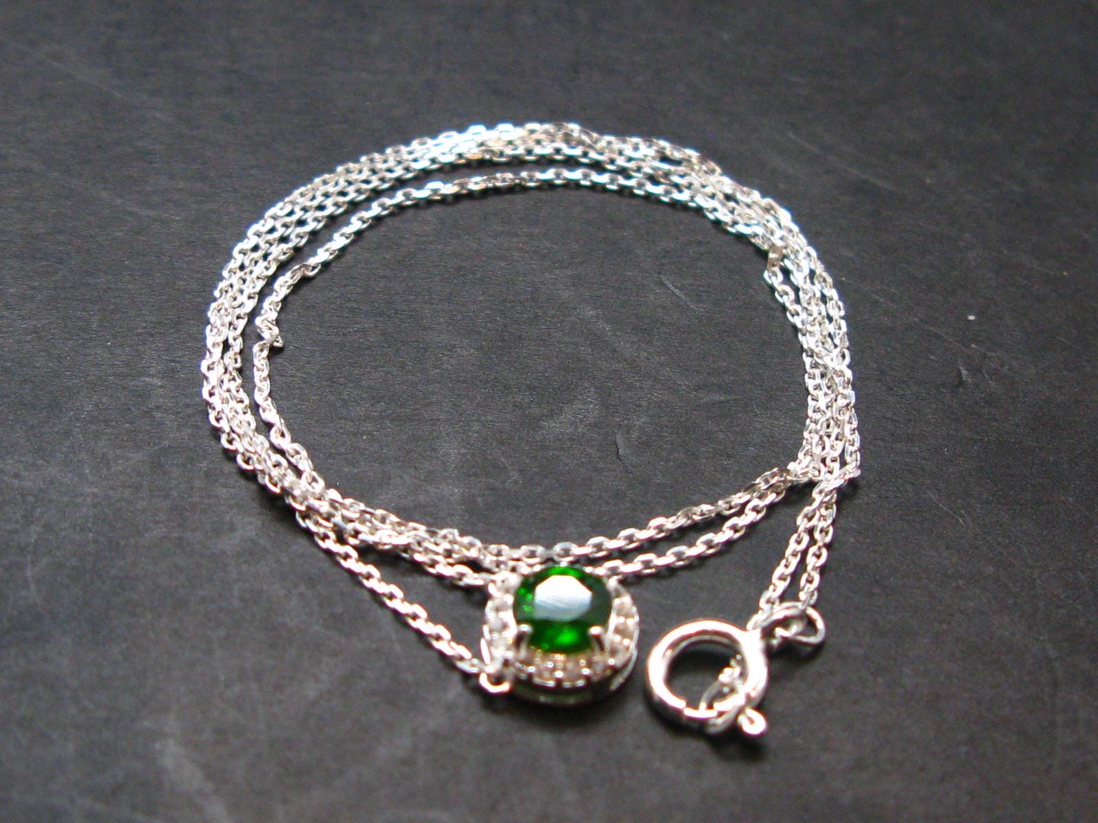 Green Chrome Diopside 925 Silver Pendant With Chain From Russia - 17" - 1.77 Grams