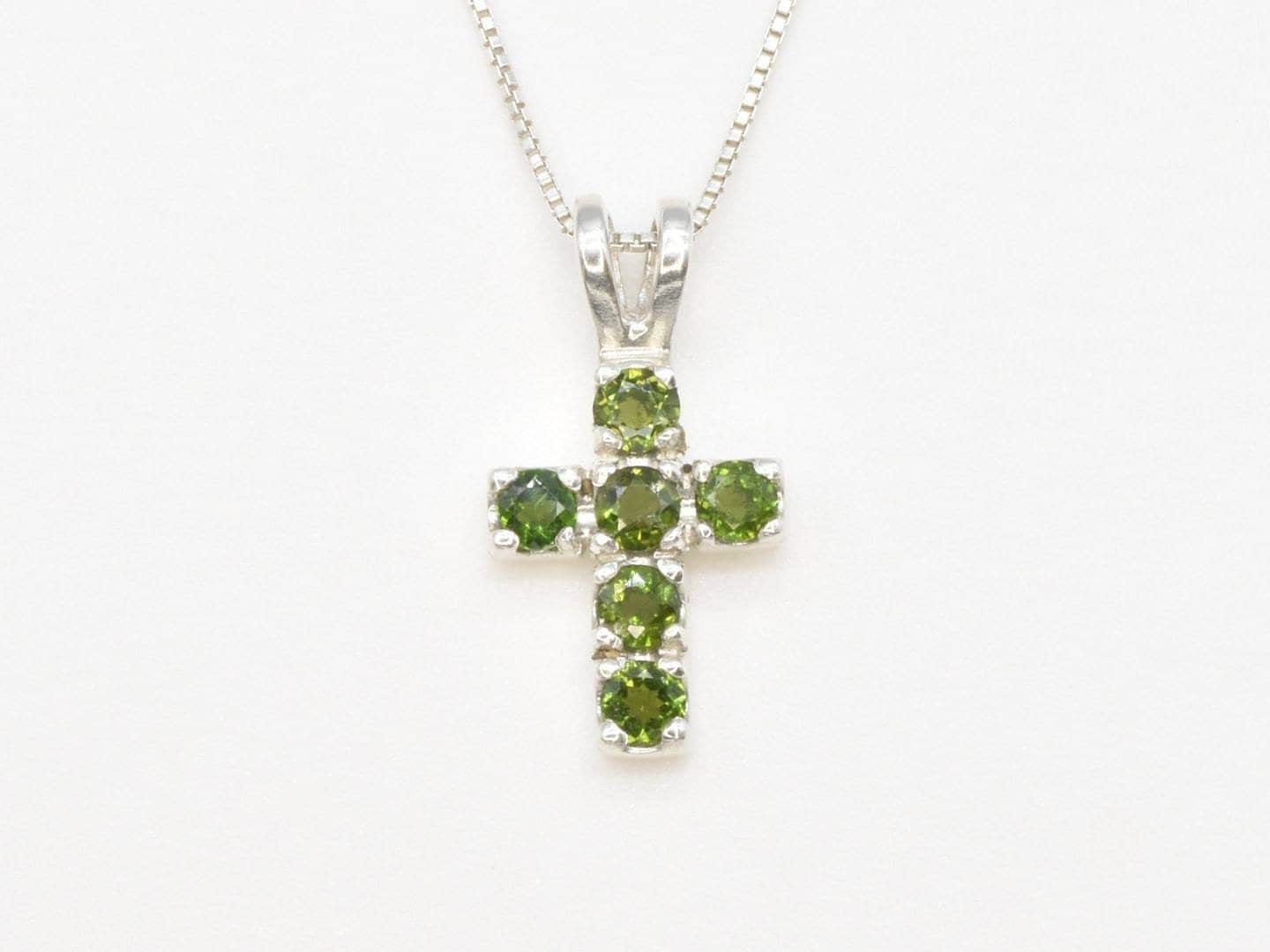 Green Cross Necklace, Natural Chrome Diopside, Chrome Diopside Pendant, Silver Cross Necklace, Symbolic Pendant, Solid Silver Necklace