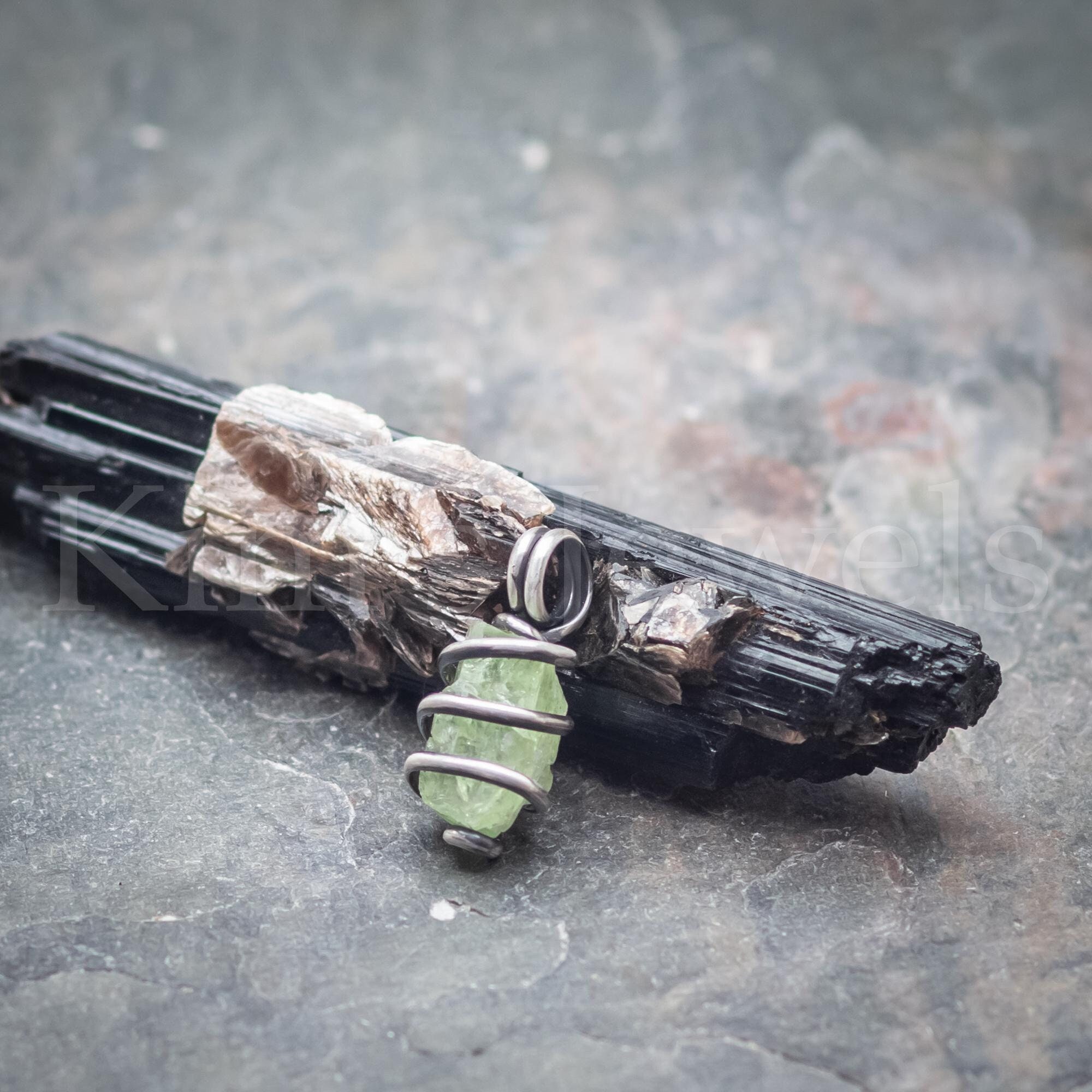 Green Gemmy Diopside Crystal Gemstone, Oxidized Sterling Silver Wire Wrapped Mini Pendant Charm