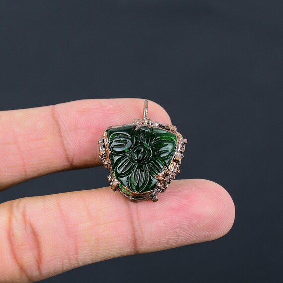 Handmade Carved Chrome Diopside Flower Pendant, Electroformed Copper Jewelry