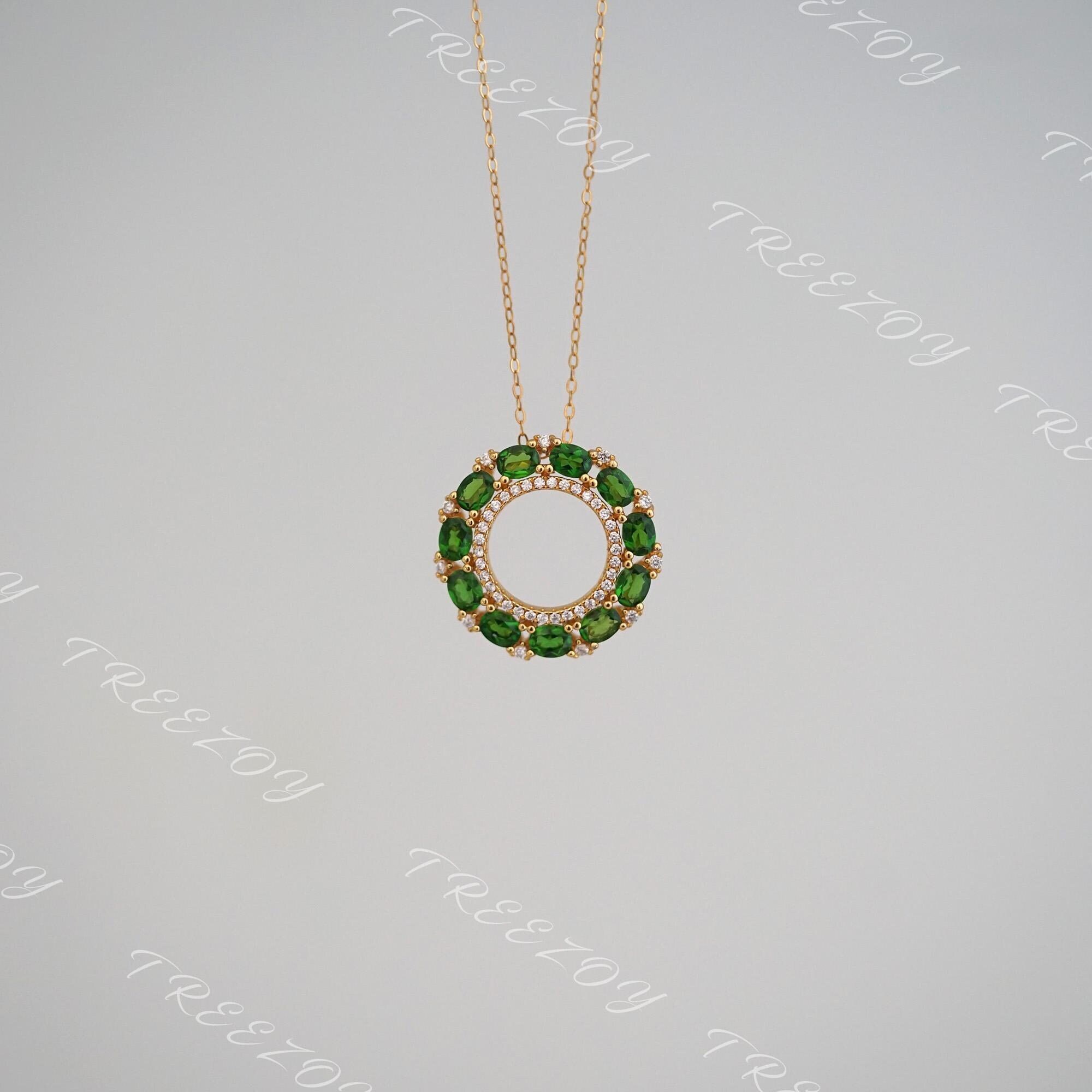 Genuine Chrome Diopside Gold Necklace, Green Gemstone Circle Pendant, Necklaces For Woman, Bridesmaid Gifts
