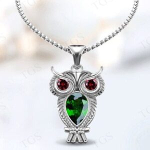 Pear Shaped Chrome Diopside Owl Pendant For Women Vintage Lucky Owl Pendant Art Deco Multi Gemstone Pendant Unique Statement Pendant For Her