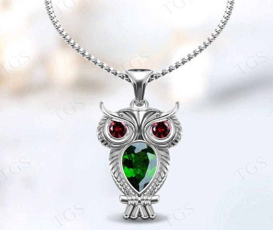 Pear Shaped Chrome Diopside Owl Pendant For Women Vintage Lucky Owl Pendant Art Deco Multi Gemstone Pendant Unique Statement Pendant For Her