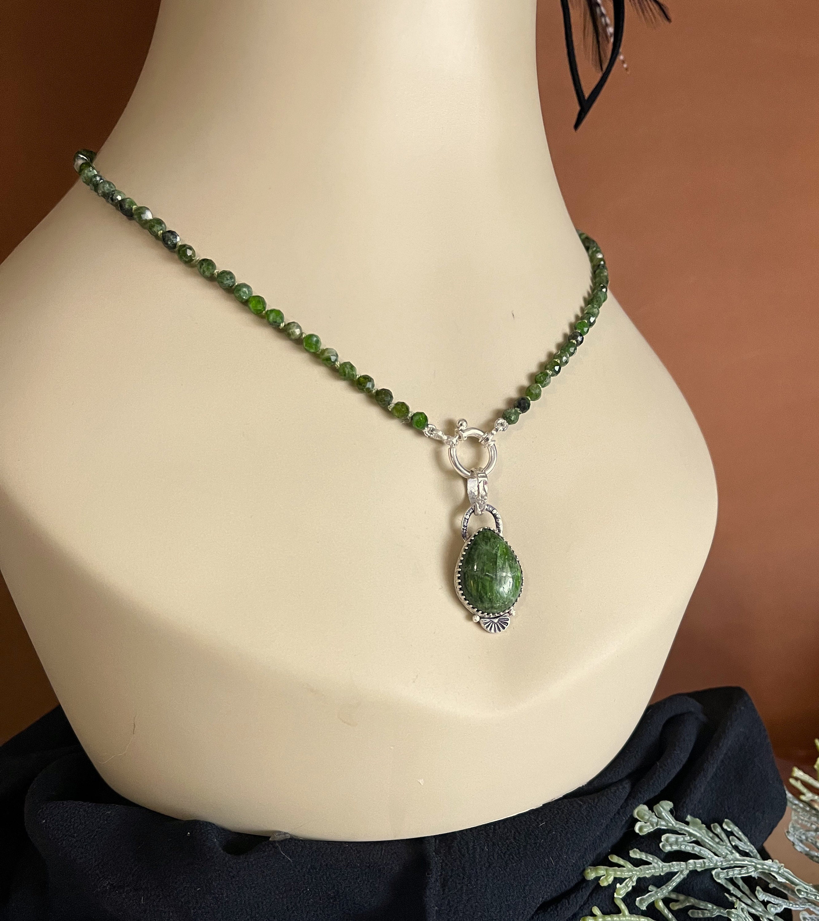 Rare - Rich Green Chrome-diopside Charm Pendant And Chrome-diopside Beaded Necklace In Sterling Silver