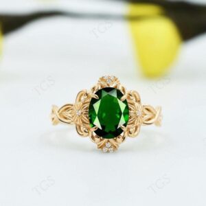 14k Gold Chrome Diopside Engagement Ring Art Deco Filigree Design Wedding Ring Antique Floral Ring Oval Shaped Chrome Diopside Gemstone Ring
