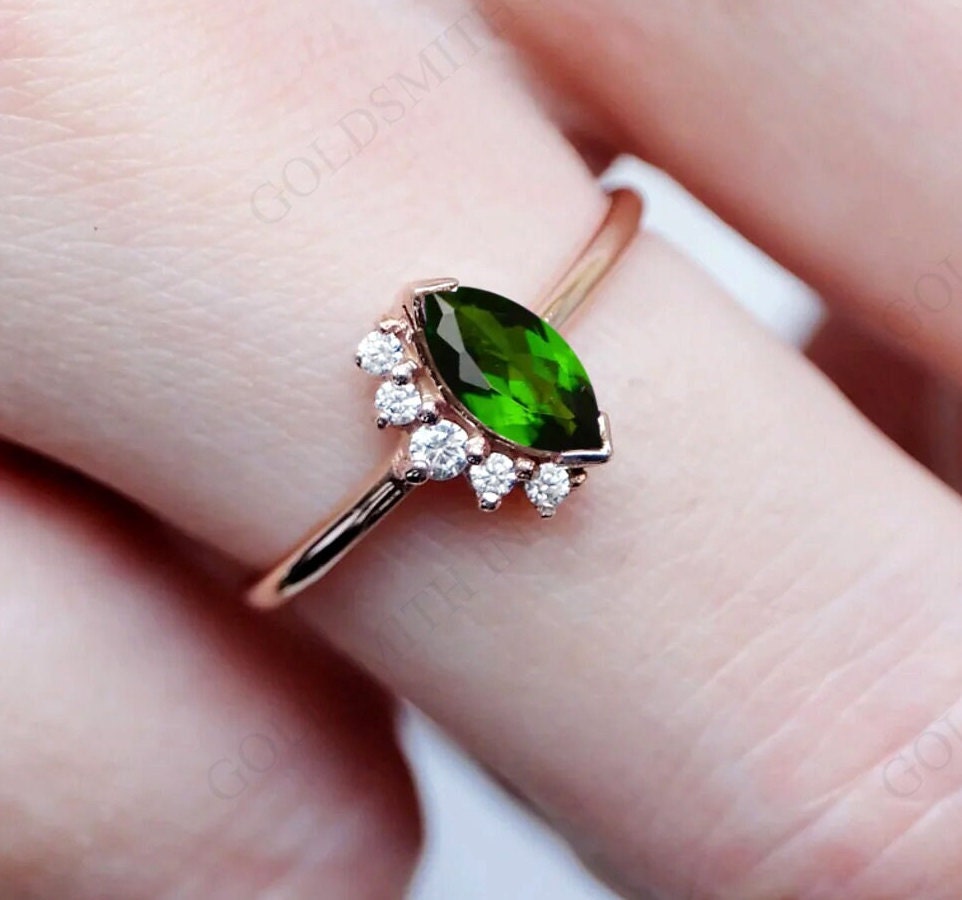 Antique Green Chrome Diopside Engagement Ring For Her 925 Silver Diopside Ring Women Dainty Style Ring Marquise Cut Chrome Diopside Ring