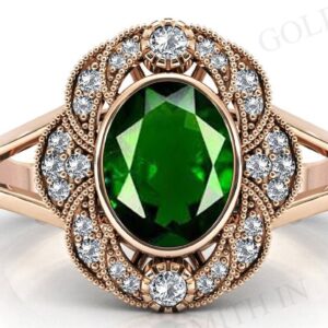 Antique Oval Cut Chrome Diopside Engagement Ring 14k Gold Chrome Diopside Halo Wedding Ring Vintage Art Deco Bridal Ring Anniversary Gift