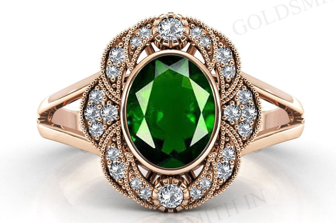 Antique Oval Cut Chrome Diopside Engagement Ring 14k Gold Chrome Diopside Halo Wedding Ring Vintage Art Deco Bridal Ring Anniversary Gift
