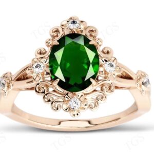 Art Deco Green Chrome Diopside Ring For Women Antique Filigree Style Wedding Ring Unique Floral Engagement Ring Vintage Bridal Promise Ring