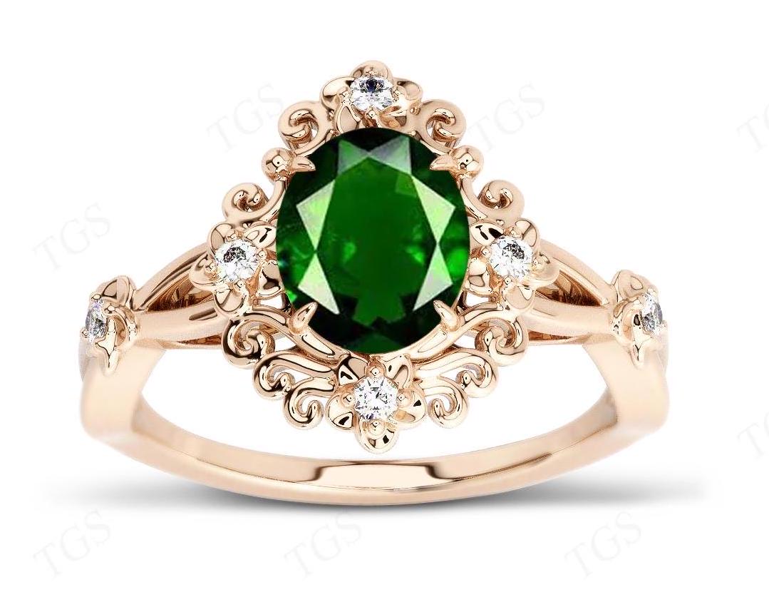 Art Deco Green Chrome Diopside Ring For Women Antique Filigree Style Wedding Ring Unique Floral Engagement Ring Vintage Bridal Promise Ring