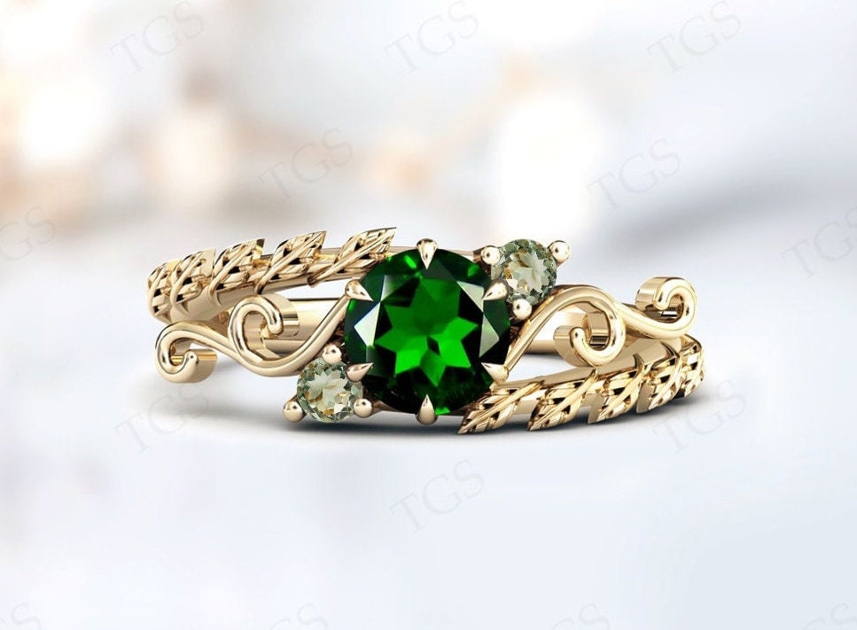 Chrome Diopside Engagement Ring For Women Unique Leaf Style Bridal Ring 14k Gold Chrome Diopside Wedding Ring Vintage Promise Ring
