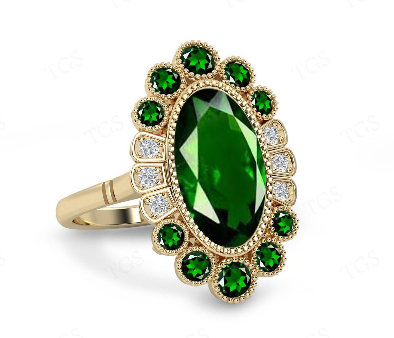 Chrome Diopside Engagement Ring For Women Art Deco Large Gemstone Ring 14k Gold Statement Ring For Women Cocktail Ring Antique Wedding Ring