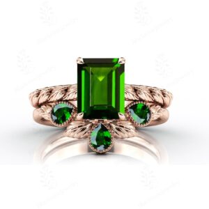 Chrome Diopside Engagement Ring Set For Women Antique 2 Pcs Wedding Ring Set Art Deco Diopside Leaf Design Bridal Ring Set Anniversary Gift