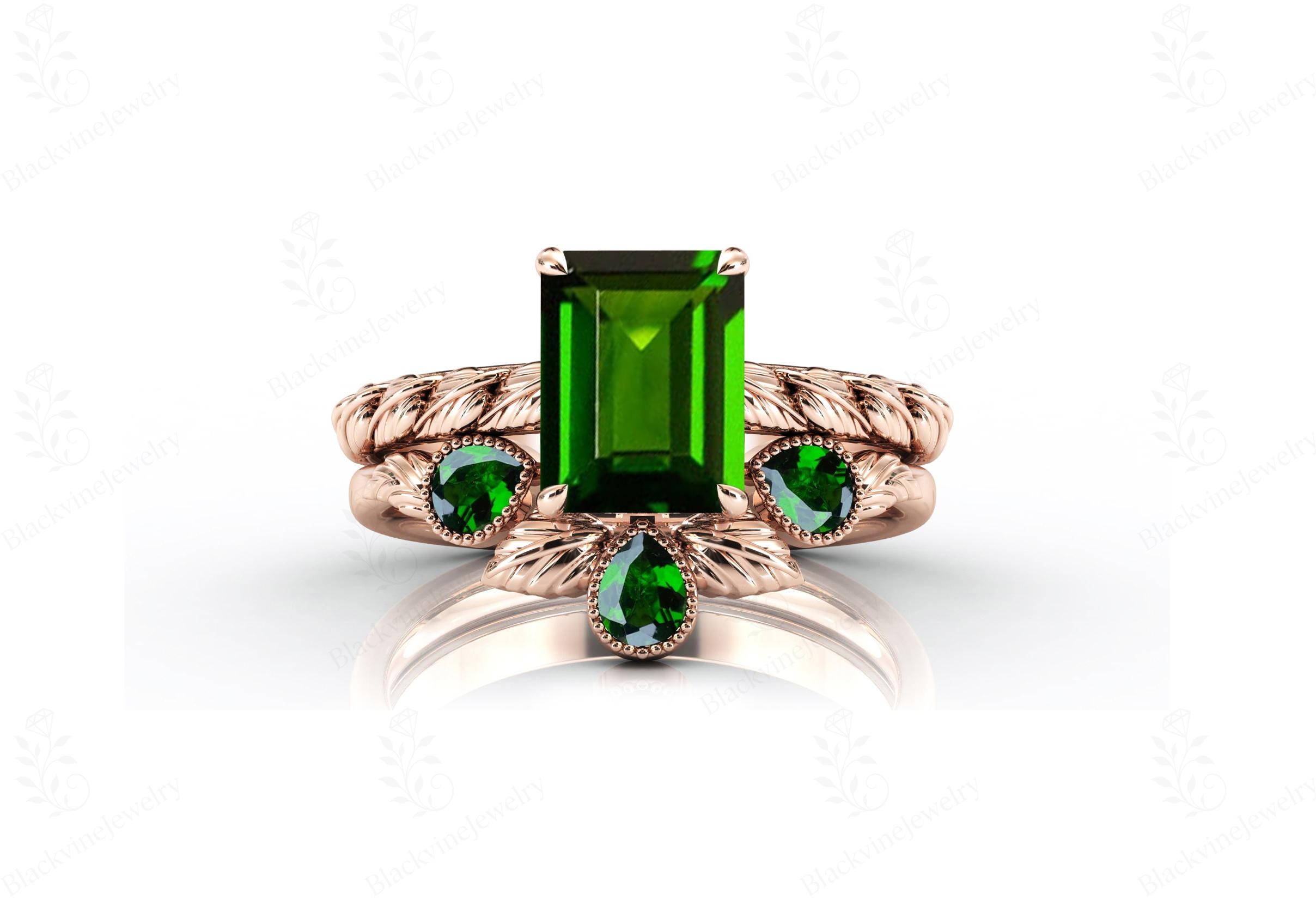 Chrome Diopside Engagement Ring Set For Women Antique 2 Pcs Wedding Ring Set Art Deco Diopside Leaf Design Bridal Ring Set Anniversary Gift Chrome Diopside Engagement Ring Set For Women Antique 2 Pcs Wedding Ring Set Art Deco Diopside Leaf Design Bridal Ring Set Anniversary Gift