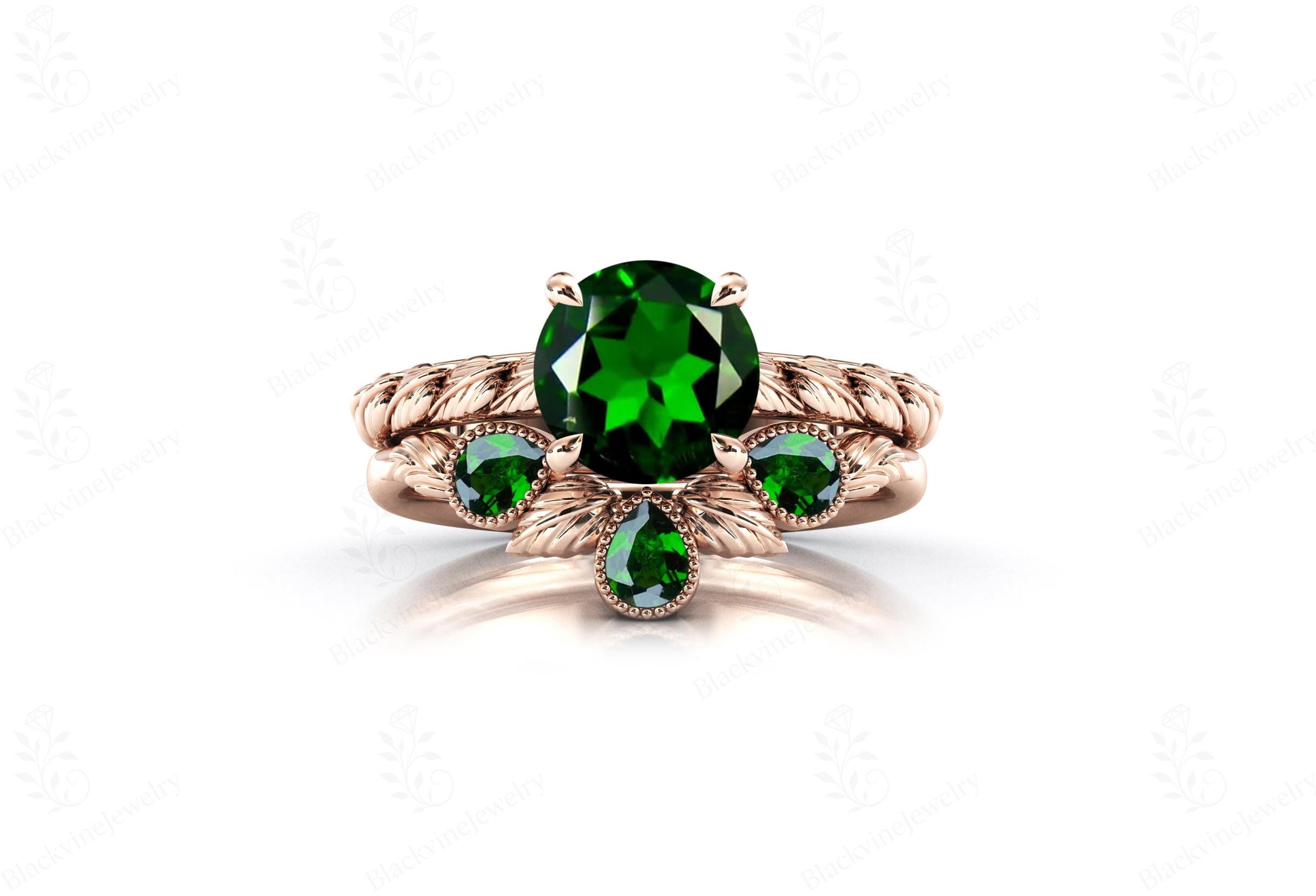 Chrome Diopside Engagement Ring Set For Women 14k Gold Green Gemstone Wedding Ring Set Unique Diopside Leaf Design 2 Piece Ring Set For Her