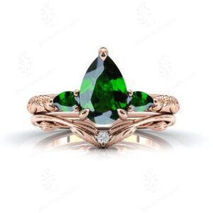 Chrome Diopside Engagement Ring Set For Women 14k Gold Chrome Diopside 2 Piece Wedding Ring Set Art Deco Leaf Style Promise Ring Set For Her Chrome Diopside Engagement Ring Set For Women 14k Gold Chrome Diopside 2 Piece Wedding Ring Set Art Deco Leaf Style Promise Ring Set For Her