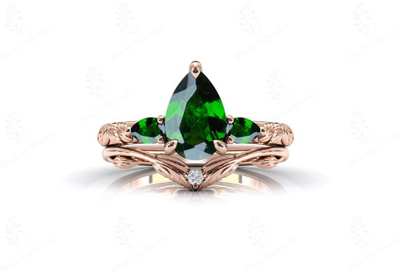 Chrome Diopside Engagement Ring Set For Women 14k Gold Chrome Diopside 2 Piece Wedding Ring Set Art Deco Leaf Style Promise Ring Set For Her