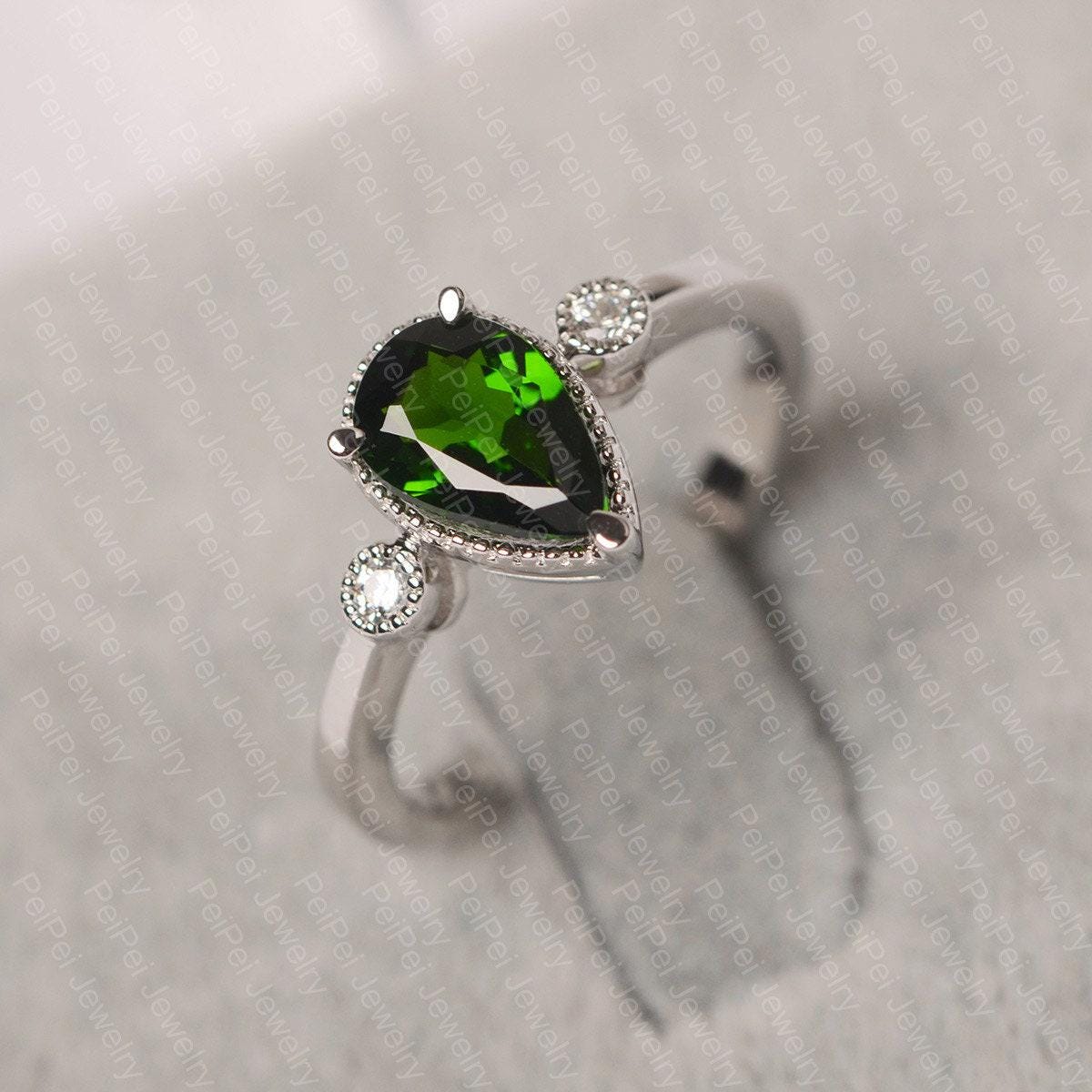 Chrome Diopside Ring Green Gemstone Ring Pear Cut Sterling Silver Anniversary Ring For Women