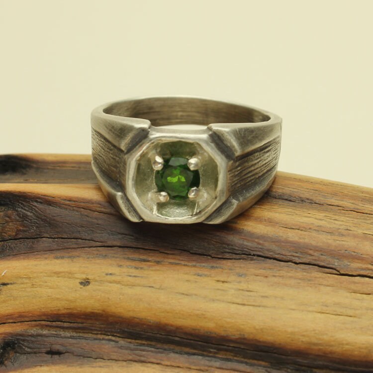 Chrome Diopside Ring, Mens Sterling Silver Ring, Custom Faceted Natural Green Diopside Gemstone, Size 10