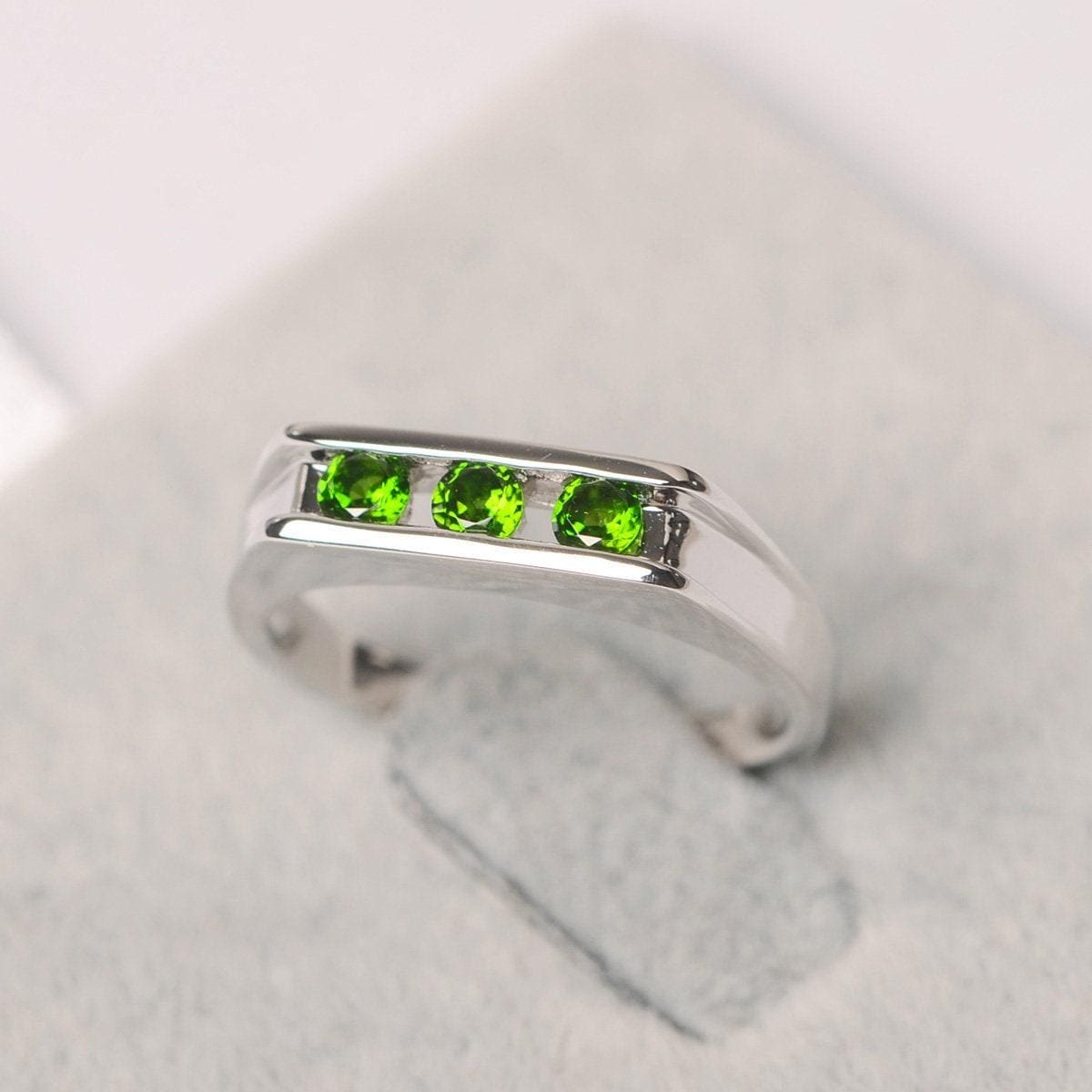Chrome Diopside Ring Three Stone Green Gemstone Band Ring Sterling Silver Engagement Ring For Women