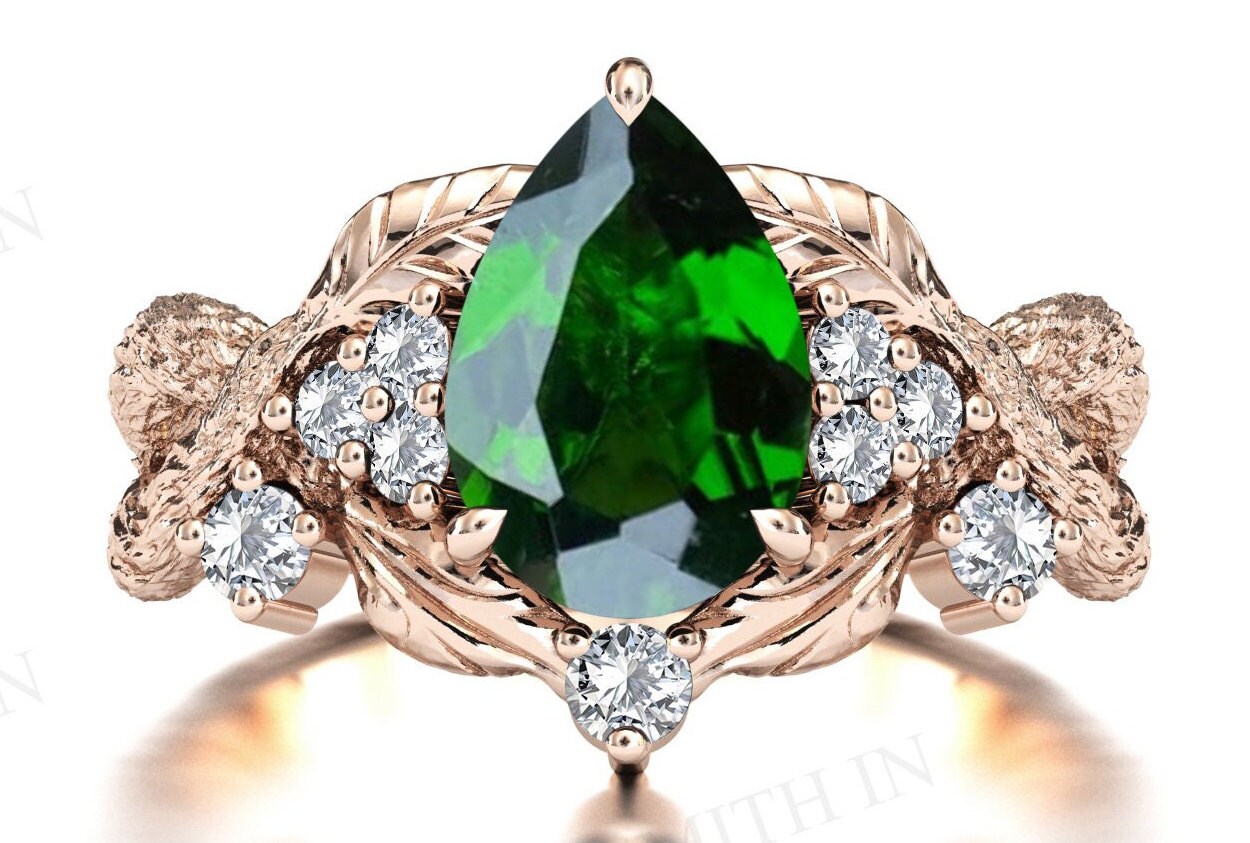 Chrome Diopside Wedding Ring Branch Texture Chrome Diopside Engagement Ring Antique Leaf Design Bridal Anniversary Ring Tree Engagement Ring