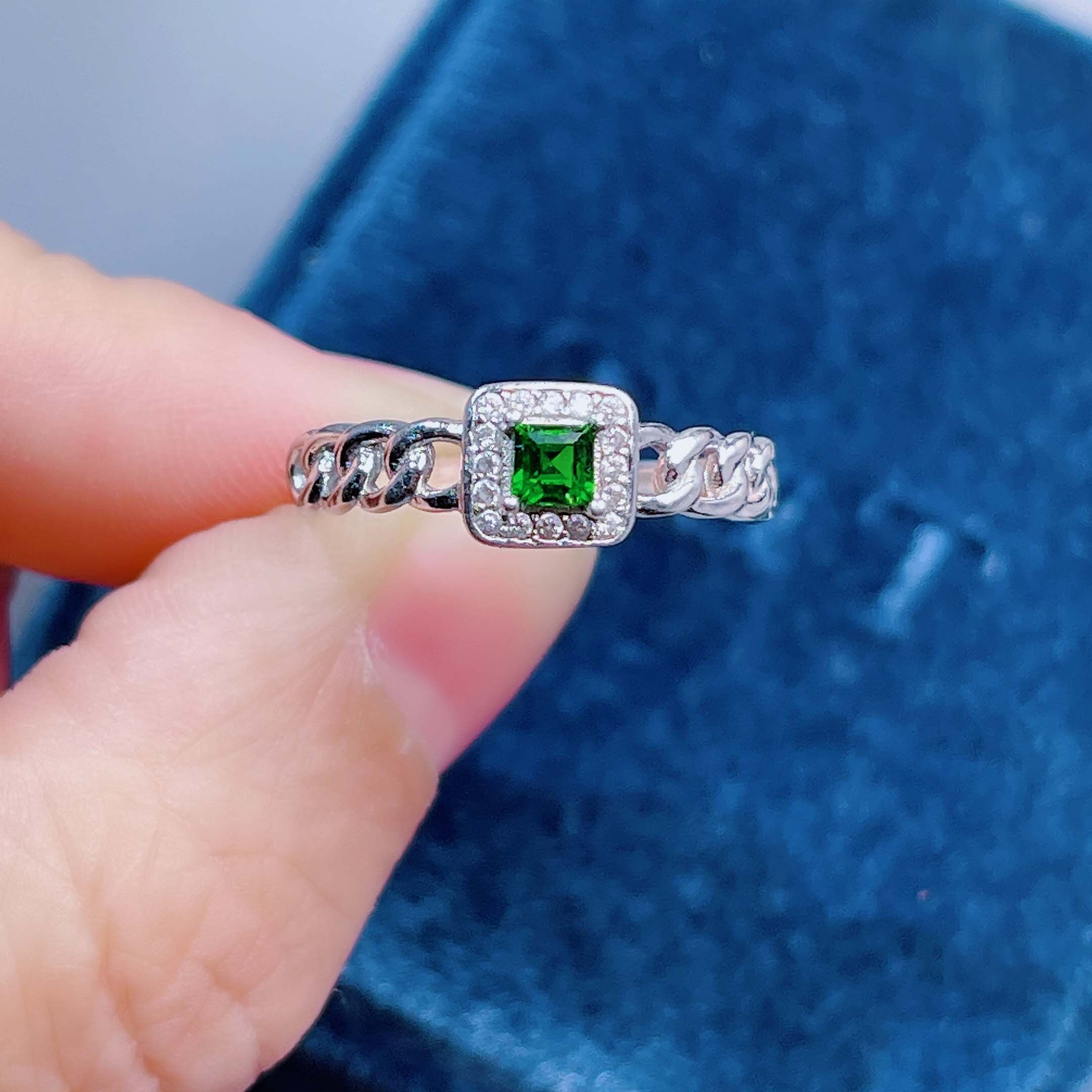 Handmade Sterling Silver Chrome Diopside Ring: Square Green Gemstone
