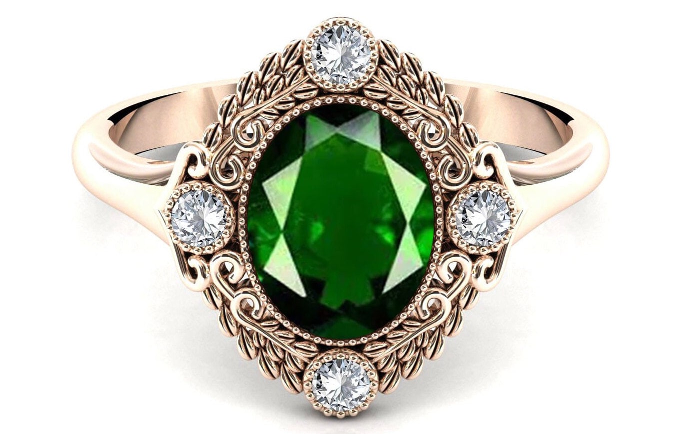 Oval Shape Green Chrome Diopside Engagement Ring Art Deco Filigree Style Wedding Ring Unique Leaf Design Chrome Diopside Bridal Promise Ring