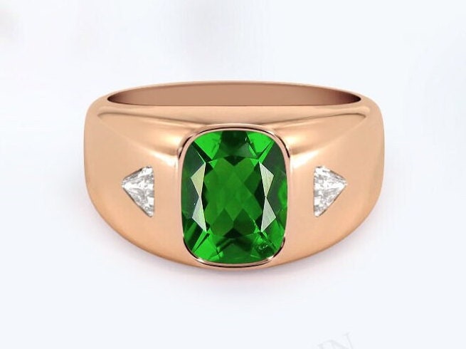 Unique Green Chrome Diopside Signet Ring For Women Elongated Cushion Cut Chrome Diopside Signet Ring Vintage Statement Ring Anniversary Gift
