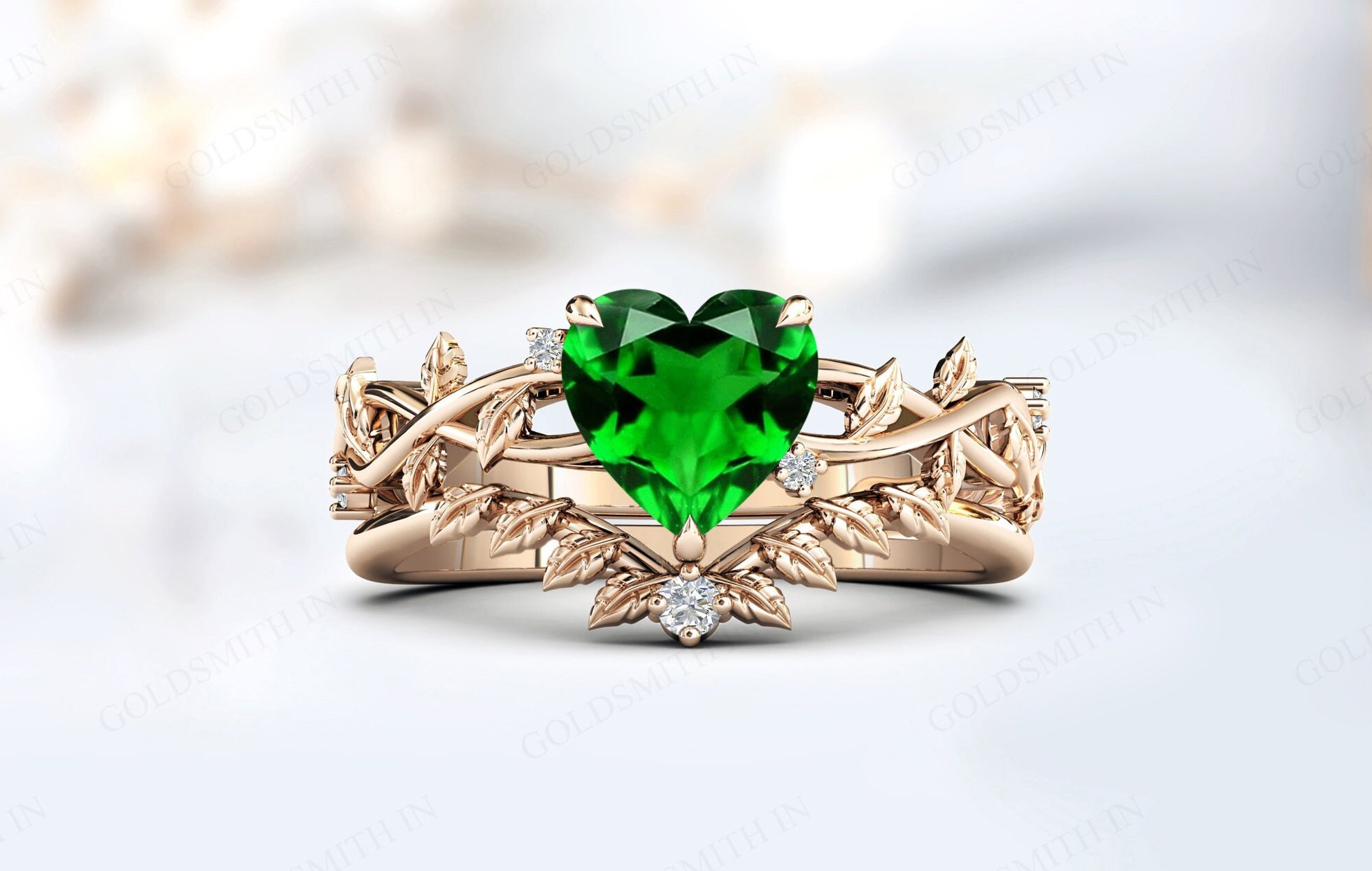 Vintage Chrome Diopside Engagement Ring Set For Women Art Deco Leaf Style Ring Set 14k Gold Chrome Diopside Wedding Ring Set Gift For Her