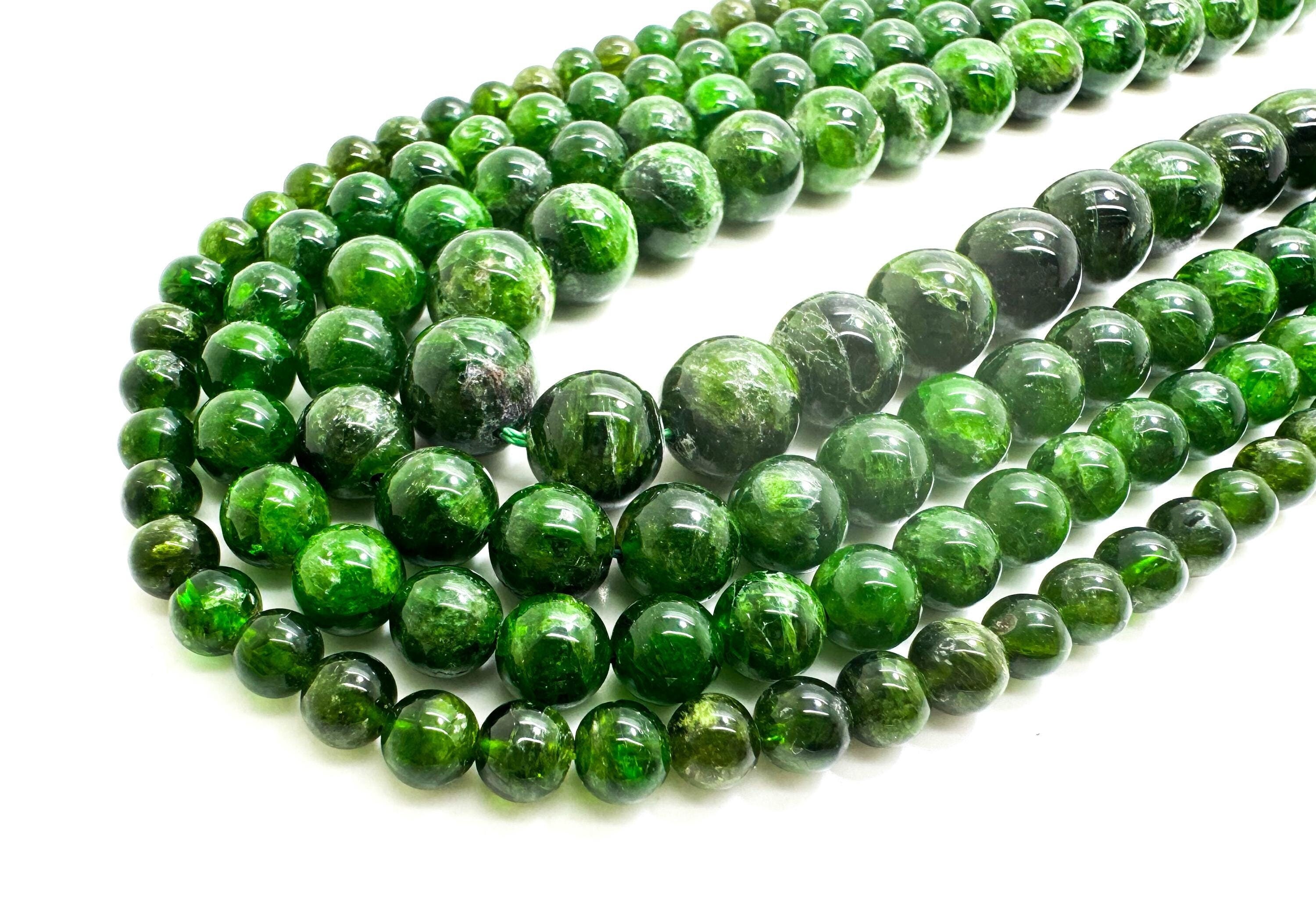Natural Green Chrome Diopside Round Beads: Deep Green Gemstone Jewelry Supplies - Rn154