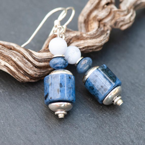 Dumortierite And Blue Lace Agate Earrings, Denim Blue And Pale Blue Natural Stones, 925 Sterling Silver French Ear Wires Dumortierite And Blue Lace Agate Earrings, Denim Blue And Pale Blue Natural Stones, 925 Sterling Silver French Ear Wires