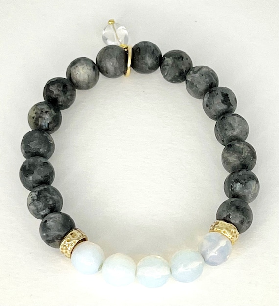 Dumortierite Beaded Bracelet: Sea Opal & Quartz Charm, Denim Blue