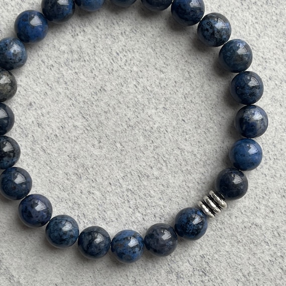 Dumortierite Beaded Bracelet With Sterling Silver Accent: Men's Gemstone Stretch Bracelet Dumortierite Beaded Bracelet With Sterling Silver Accent: Men's Gemstone Stretch Bracelet