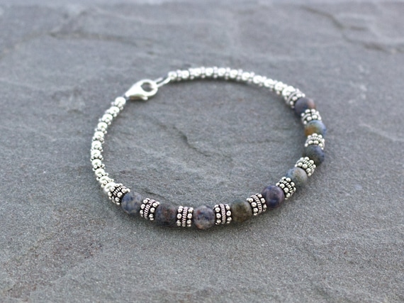 Dumortierite Beaded Bracelet With Sterling Silver, Denim Blue Bead Jewelry