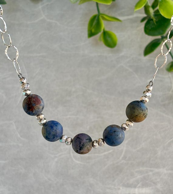 Dumortierite Beads Karen Hill Tribe Thai Sterling Silver Hang From Hammered Sterling Silver Chain!