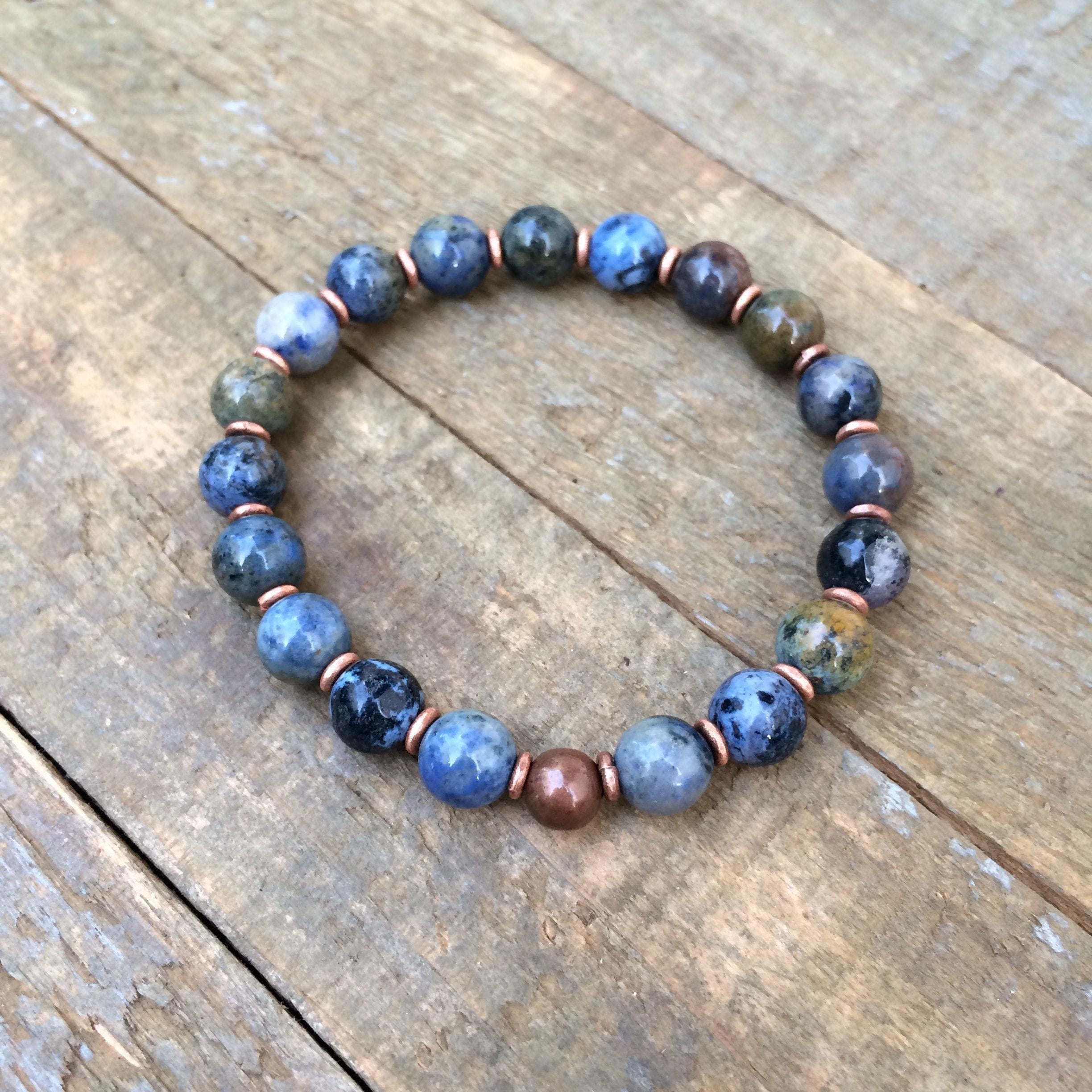 Blue Stone Bracelet, Stacking Stretch Bracelet, Blue Jewelry, Sunset Dumortierite Jewelry, Earthy Stone Bracelet