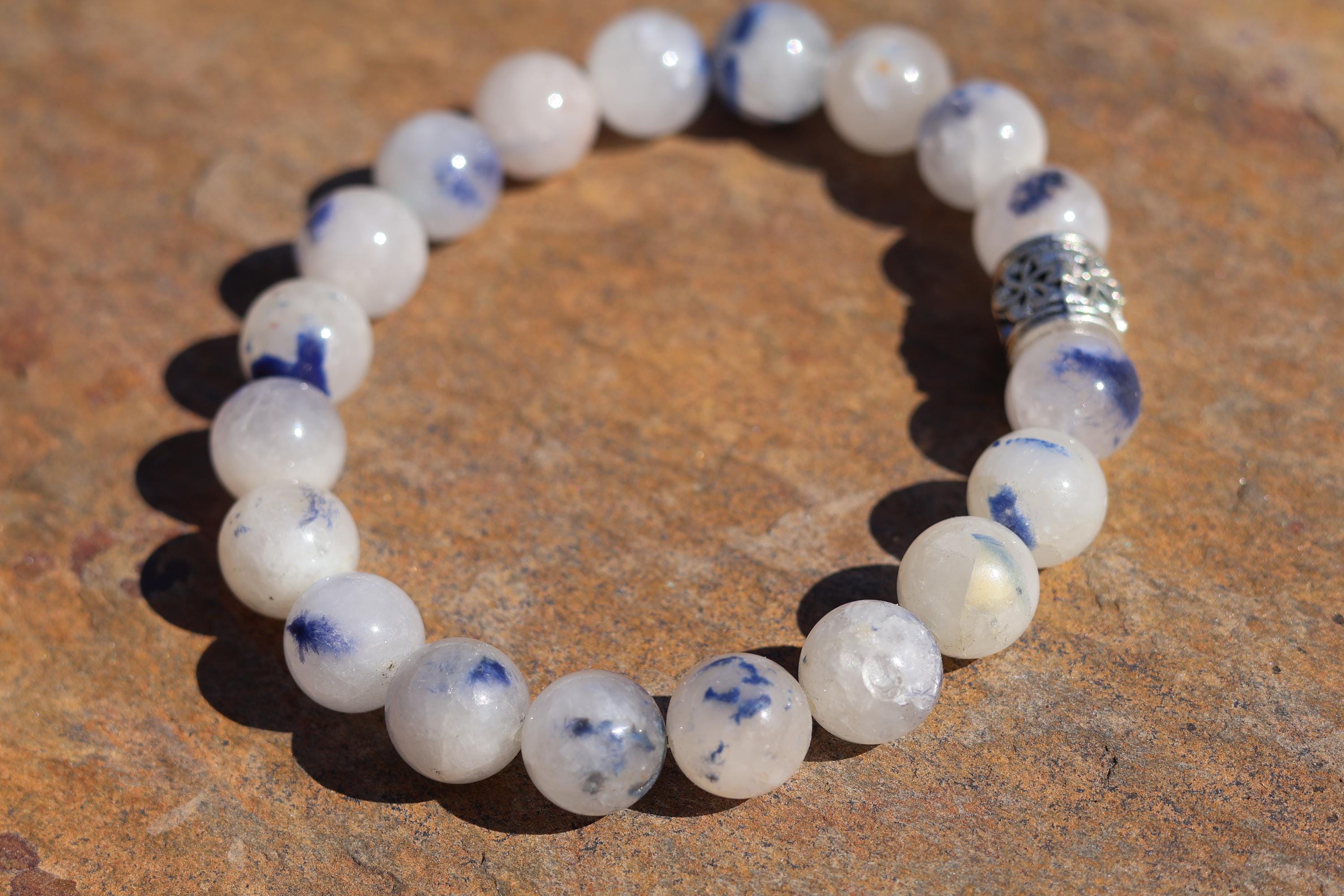 Dumortierite In Quartz Bracelet, Aa Quality, Deep Blue In Milky Quartz,hard To Find 10mm Round Beads, Pewter Accent, On Stretch Cord