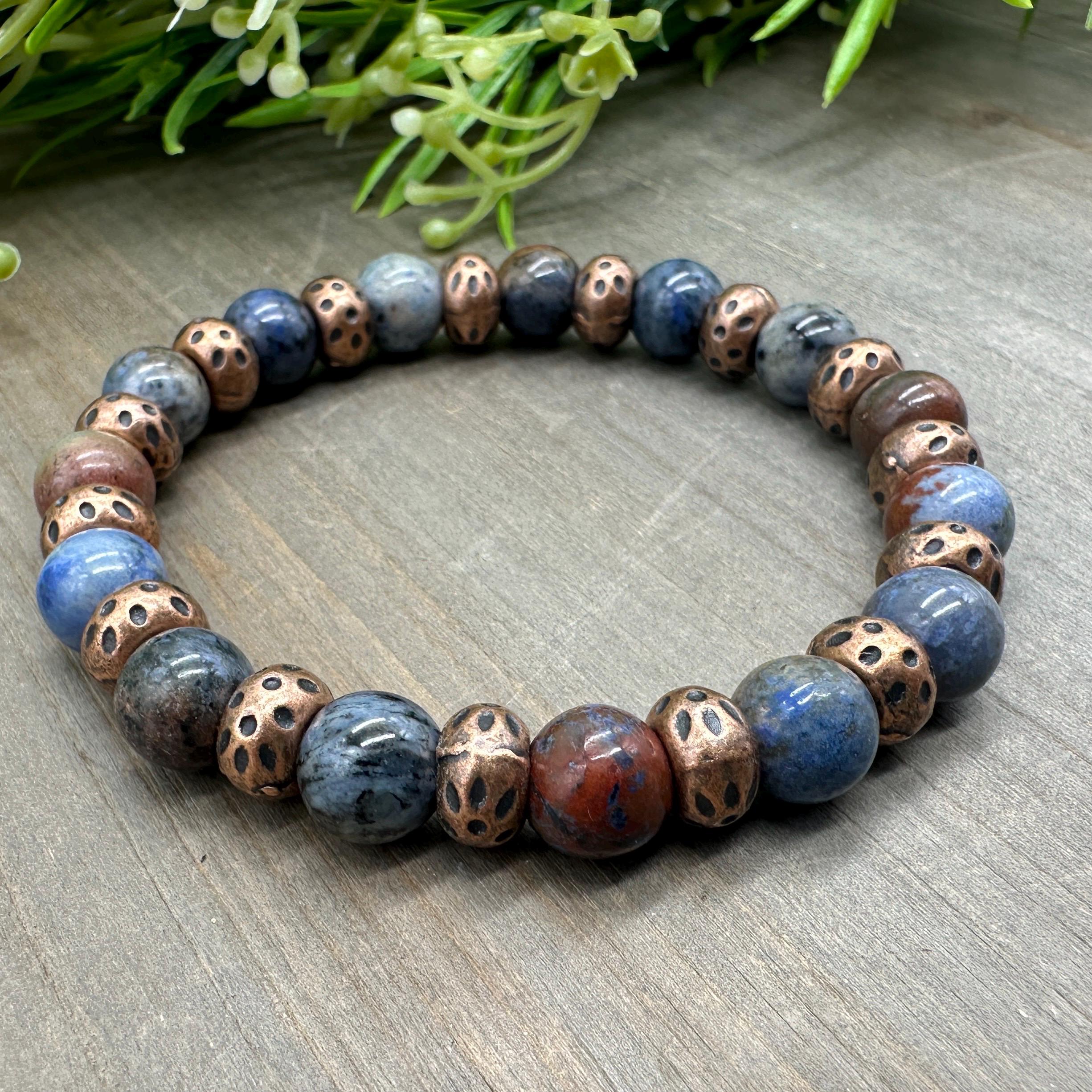 Sunset Dumortierite Bracelet: Antique Copper Gemstone Bead Stretch Bracelet