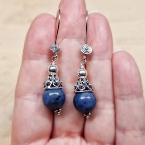 Dumortierite earrings. Bali silver. Blue Reiki jewelry uk. Crystal dangle drop earrings