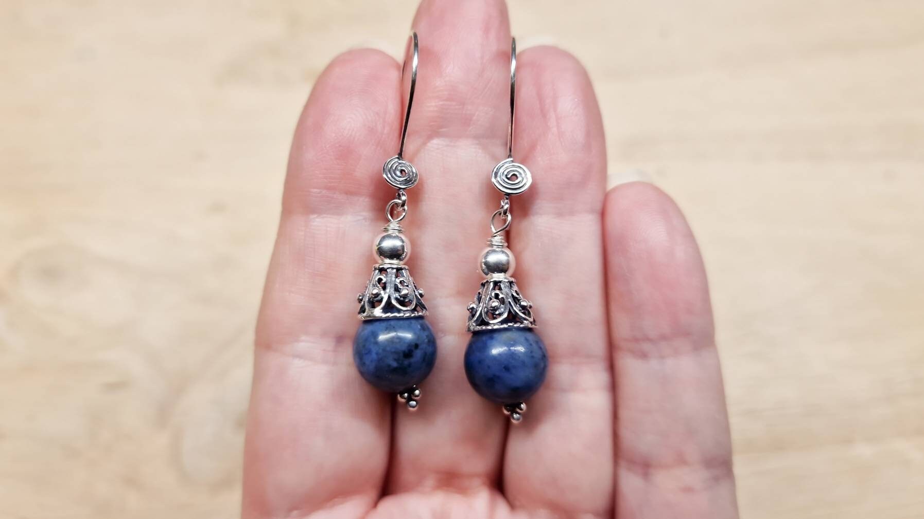 Dumortierite Earrings. Bali Silver. Blue Reiki Jewelry Uk. Crystal Dangle Drop Earrings