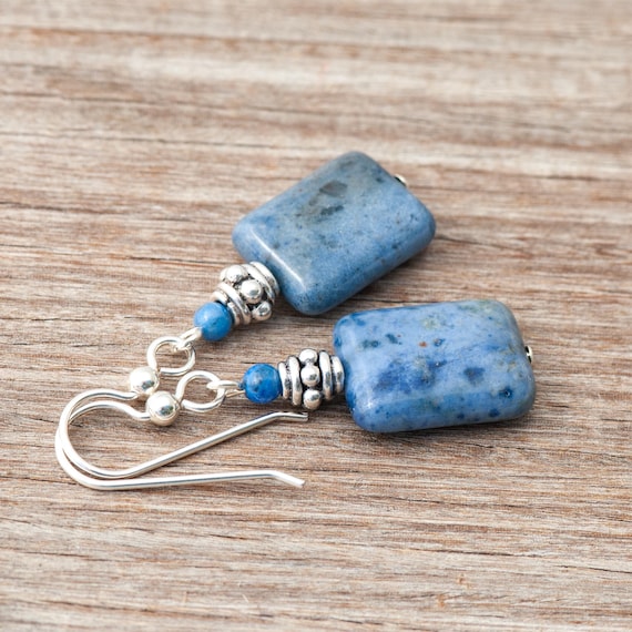 Dumortierite Earrings, Denim Blue Natural Stone Dangles, 925 Sterling Silver French Ear Wires