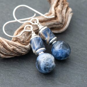 Dumortierite Earrings, Rustic Navy Blue Natural Stone Dangles, 925 Sterling Silver Ear Wires